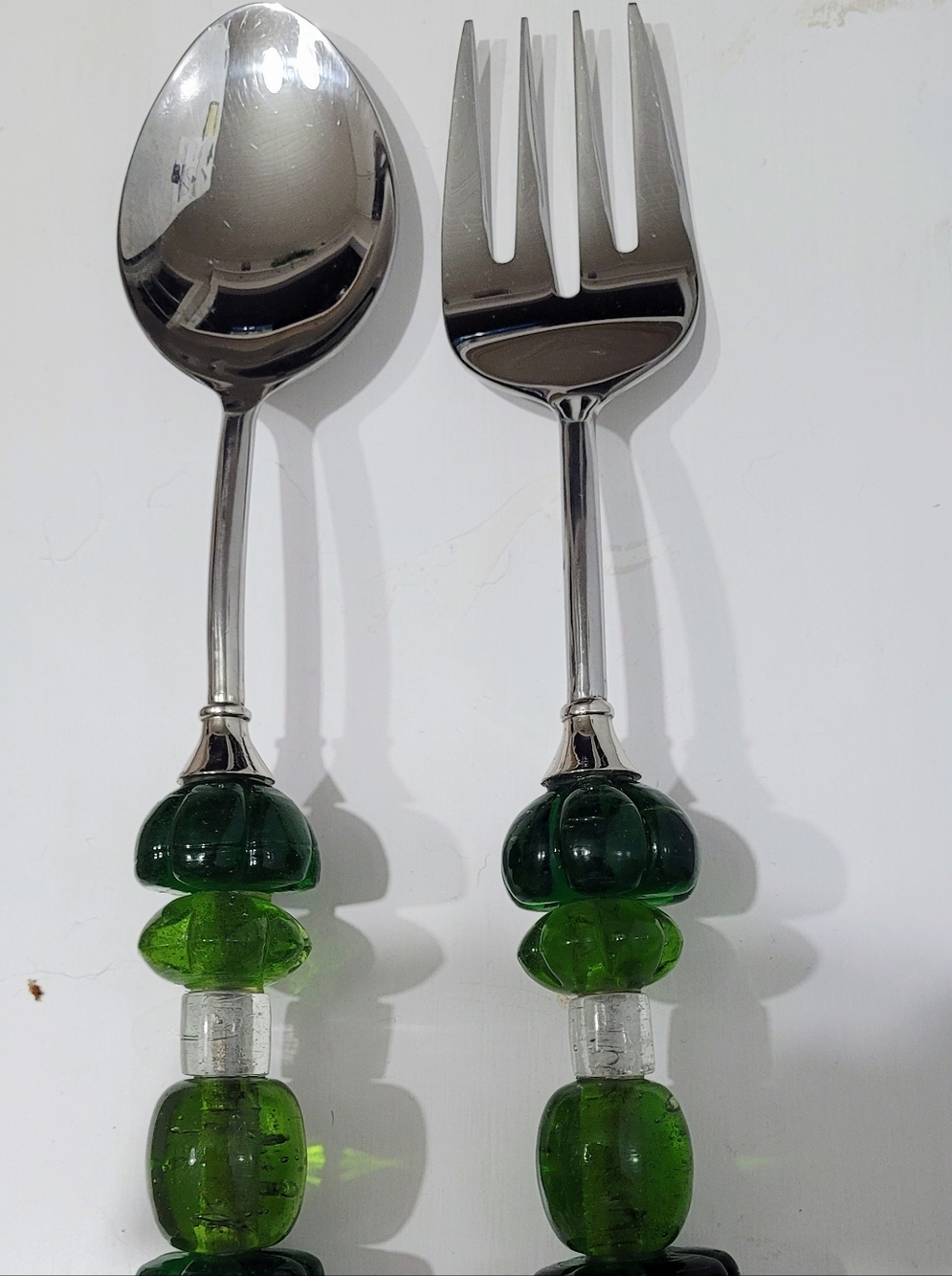 Vintage India Green Glass Handle Salad Serving Set Spoon Fork Retro MCMServeware